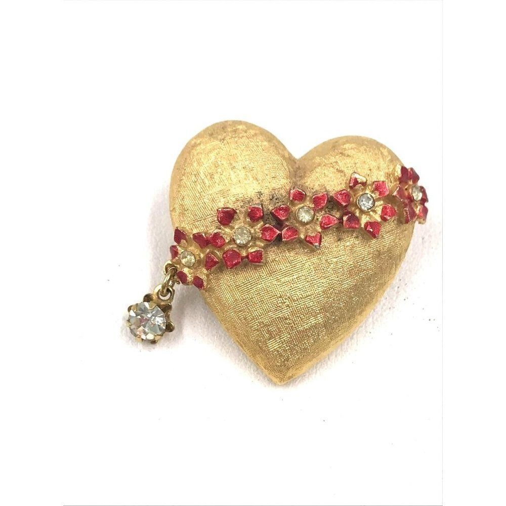 Vintage Mylu Brand Signed‎ Heart Shape Brooch Gold Enamel Pin Jewelry
